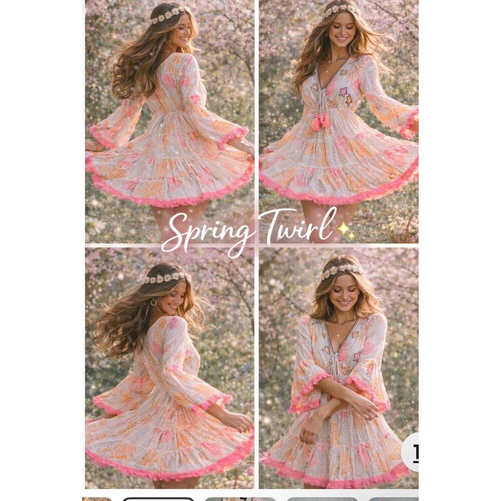 Papa Pia Beaded Bell Sleeves Tiered Ruffle Hem Summer Dress Size S/M